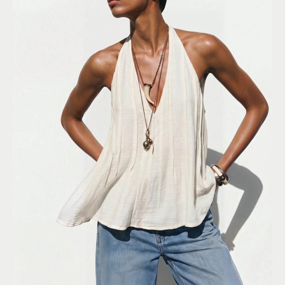 Cream Textured Halter Neck Pleated Swing Tank Top Blouse